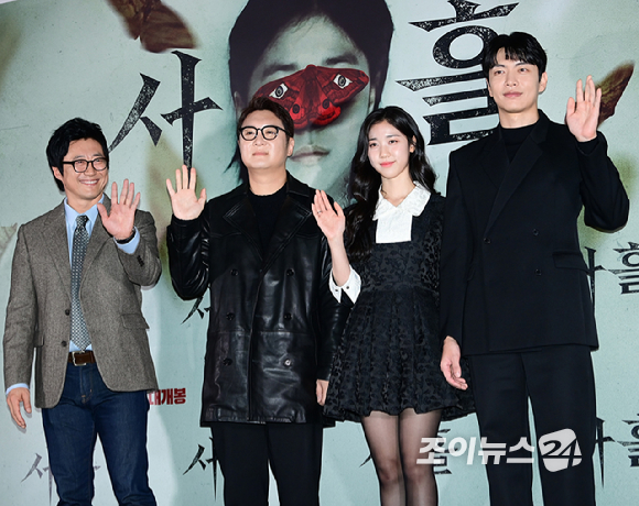 배우 박신양-이레-이민기가 12일 오후 서울 CGV 용산아이파크몰에서 열린 영화 '사흘'(감독 현문섭) 언론시사회에 참석하고 있다. [사진=정소희 기자]