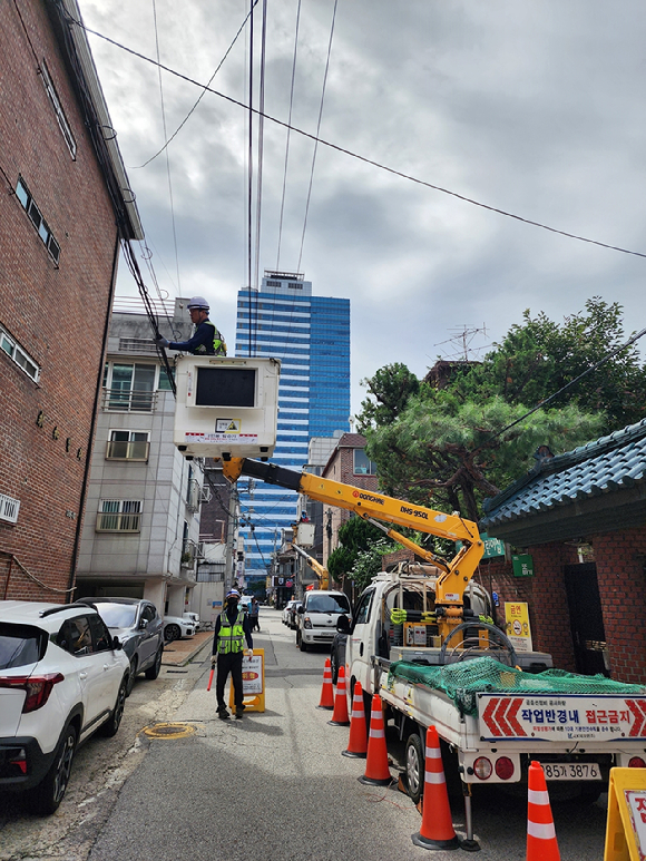 마포구가 도시미관 개선과 보행 안전 확보를 위해 공중케이블 정비 작업을 진행하고 있다. [사진=마포구]