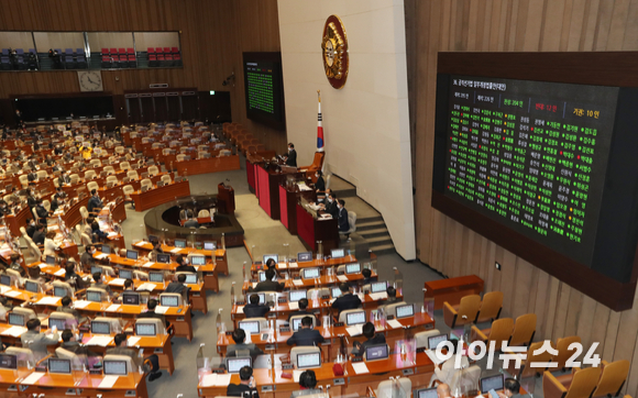 국회의원·지방선거 피선거권 하한 연령을 만 25세에서 만 18세로 낮추는 내용의 공직선거법 일부개정법률안이 31일 국회 본회의에서 통과되고 있다. [사진=김성진 기자]