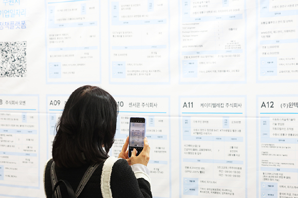 4월 취업자 수가 지난해 같은 달보다 19만여명 증가했으나 제조·건설업 등에서는 부진한 모습을 보였다. 사진은 취업공고 게시판을 보고 있는 한 구직자. [사진=연합뉴스]