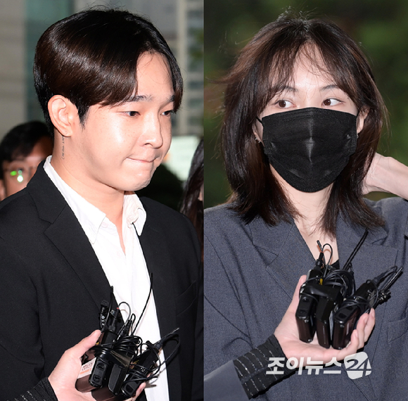가수 남태현과 방송인 서민재가 19일 서울서부지방법원에서 열린 마약류 관리에 관한 법률 위반 혐의 첫 공판에 출석하고 있다. [사진=정소희 기자]
