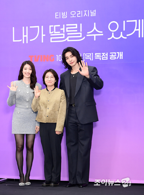 배우 남지현-김예지 감독-배우 김재영이 14일 오전 서울 마포구 상암동 스탠포드호텔에서 열린 티빙 오리지널 시리즈 '내가 떨릴 수 있게' 제작발표회에 참석하고 있다. [사진=정소희 기자]