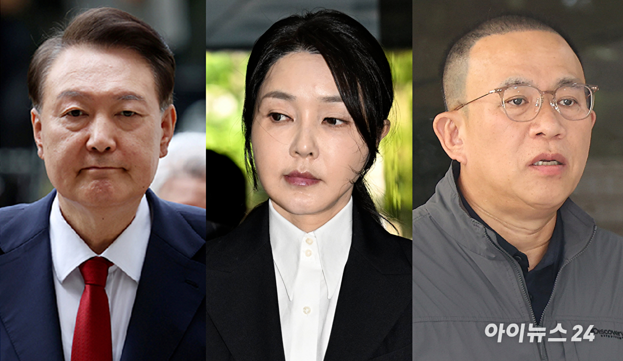 제20대 대선을 앞두고 비공개 여론조사 결과를 무상으로 주고받은 혐의(정치자금법 위반)로 기소된 윤석열 전 대통령과 김건희 여사, 명태균씨(왼쪽부터) [사진=아이뉴스24 DB]