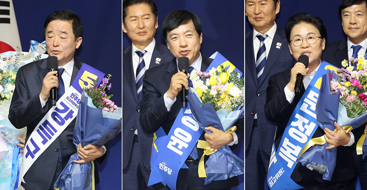 11일 국회 의원회관에서 열린 더불어민주당 최고위원 보궐선거 후보자 합동연설회에서 최종 선출된 강득구(왼쪽부터), 이성윤, 문정복 최고위원이 소감을 밝히고 있다. 2026.1.11 [사진=연합뉴스]