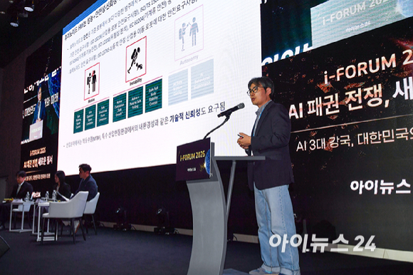 종합경제미디어 아이뉴스24의 대표 지식 컨퍼런스 '아이포럼 2026'이 22일 서울 용산구 서울드래곤시티 한라홀에서 'AI 패권 전쟁, 새로운 질서: AI 3대 강국, 대한민국의 현재와 미래'를 주제로 열린 가운데 황정훈 한국전자기술연구원 지능로보틱스연구센터 센터장이 '피지컬 AI로서의 휴머노이드 기술 동향'이라는 주제로 발표하고 있다. [사진=곽영래 기자]