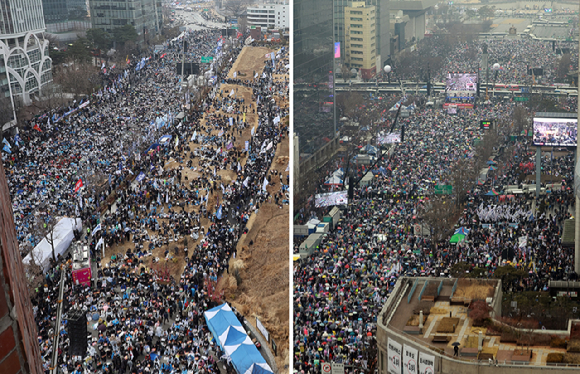 1일 서울 곳곳에서 윤석열 대통령 탄핵 찬반 집회가 열리고 있다.왼쪽은 안국동 야 5당 공동 파면 촉구 범국민대회. 오른쪽은 세종대로 대한민국바로세우기국민운동본부 탄핵 반대 집회. [사진=연합뉴스]