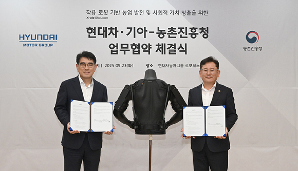현대차·기아 로보틱스랩이 개발한 ‘엑스블 숄더’가 농업 현장에서 활용되는 모습. [사진=현대자동차그룹]