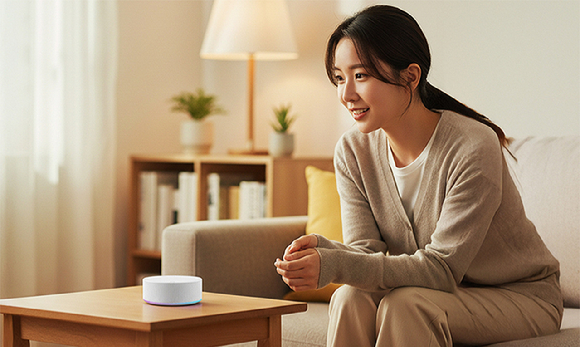 한 사용자가 집안에 설치된 LG전자 AI홈 허브 씽큐온을 통해 말로 가전 제품을 제어하고 있다. [사진=LG전자]