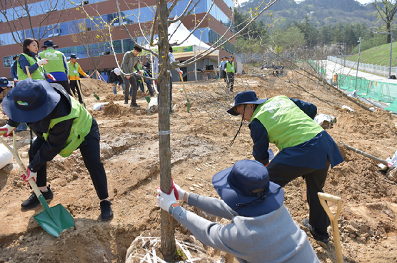 남태헌(오른쪽 첫 번째) 한국산림복지진흥원장이 9일 산림복지종합교육센터 조성 부지에서 탄소흡수원 확대를 위해 나무를 심고 있다. [사진=한국산림복지진흥원/산림청]