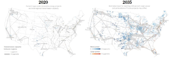 2020년 기준 미국 송전 인프라 현황 vs 2035년 미국 송전 인프라 확충 필요도. [사진= National Renewable energy Laboratory·The New York Times]