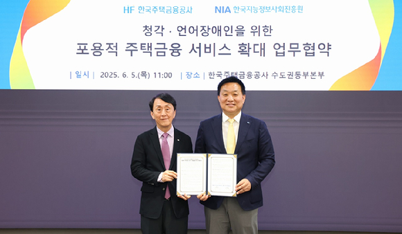 황종성 한국지능정보사회진흥원장(오른쪽)과 김경환 한국주택금융공사 사장이 5일‘포용적 주택금융 서비스 확대를 위한 업무협약(MOU)’을 체결한 후 기념 촬영을 하고 있다. [사진=한국주택금융공사]