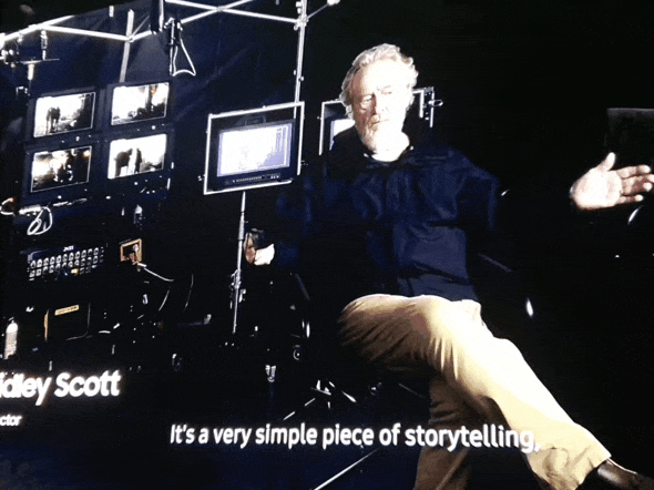 삼성전자 '갤럭시 언팩' 행사에 영상으로 등장한 리들리 스콧 영화 감독. 영화 '비홀드'를 '갤럭시S23 울트라'로 촬영했다. [사진=장유미 기자]