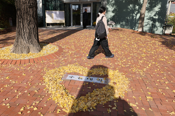 2026학년도 대학수학능력시험(수능)을 하루 앞둔 12일 서울 중구 이화여자고등학교에 은행나무 잎으로 만든 하트 모양 안에 수능 응원 메시지가 적혀있다. [사진=연합뉴스]