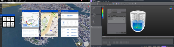 왼쪽부터 이에이트의 디지털 트윈 플랫폼 NDX PRO과 입자기반 시뮬레이션 소프트웨어 NFLOW SPH. [사진=이에이트]