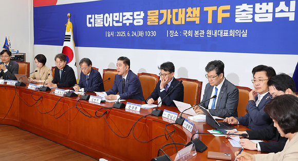 더불어민주당 김병기 당 대표 직무대행 겸 원내대표(왼쪽 다섯번째)가 24일 국회에서 열린 물가대책TF 출범식에서 발언하고 있다. 2025.6.24 [사진=연합뉴스]
