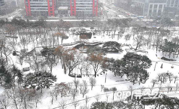 밤 사이 눈이 내린 20일 오전 서울 여의도 공원에 하얀 눈이 쌓여 있다. [사진=곽영래 기자]