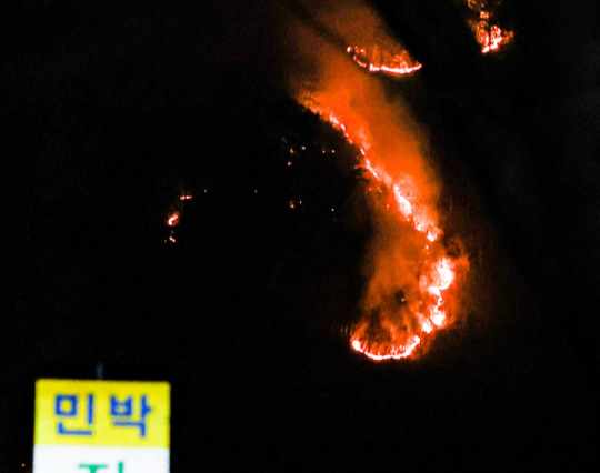 지난 22일 경남 산청군 산불 현장에서 불길이 번지고 있는 모습이다. [사진=연합뉴스]