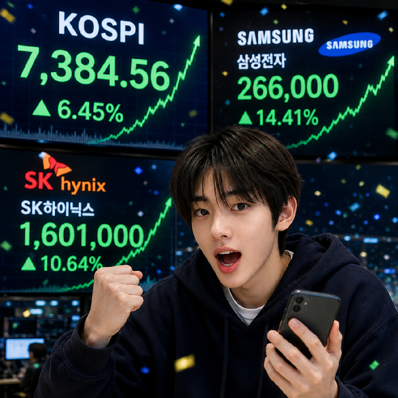 코스피가 사상 첫 장중 7400선을 돌파하자 증권가에서는 목표치를 최대 8600선까지 올려 잡으며 '코스피 1만 시대' 가능성까지 나오고 있다. 사진은 AI 생성 이미지로, 본 기사 내용과 무관. [사진=챗GPT]