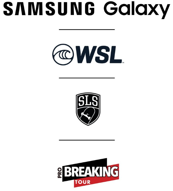 월드서프리그(WSL), 스트리트 리그 스케이트보딩(SLS), 프로 브레이킹 투어(PBT) 로고. [사진=삼성전자]
