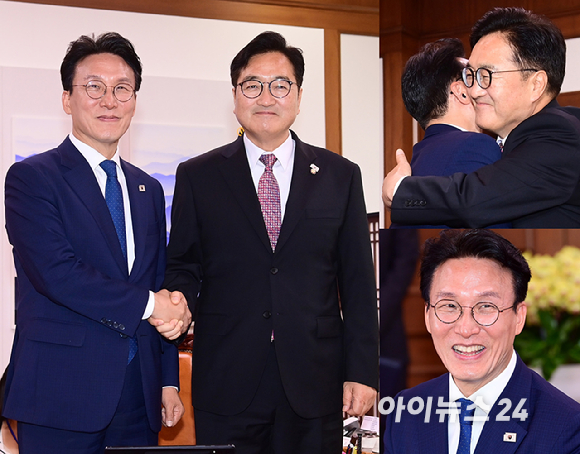 우원식 국회의장이 4일 서울 여의도 국회의장실을 예방한 김민석 국무총리 악수하고 있다. [사진=정소희 기자]