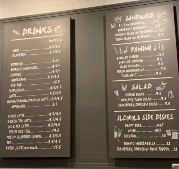 한글 표기 없이 영어로만 표기된 한국 카페, 음식점 등의 메뉴판. [사진=온라인 커뮤니티 캡처]