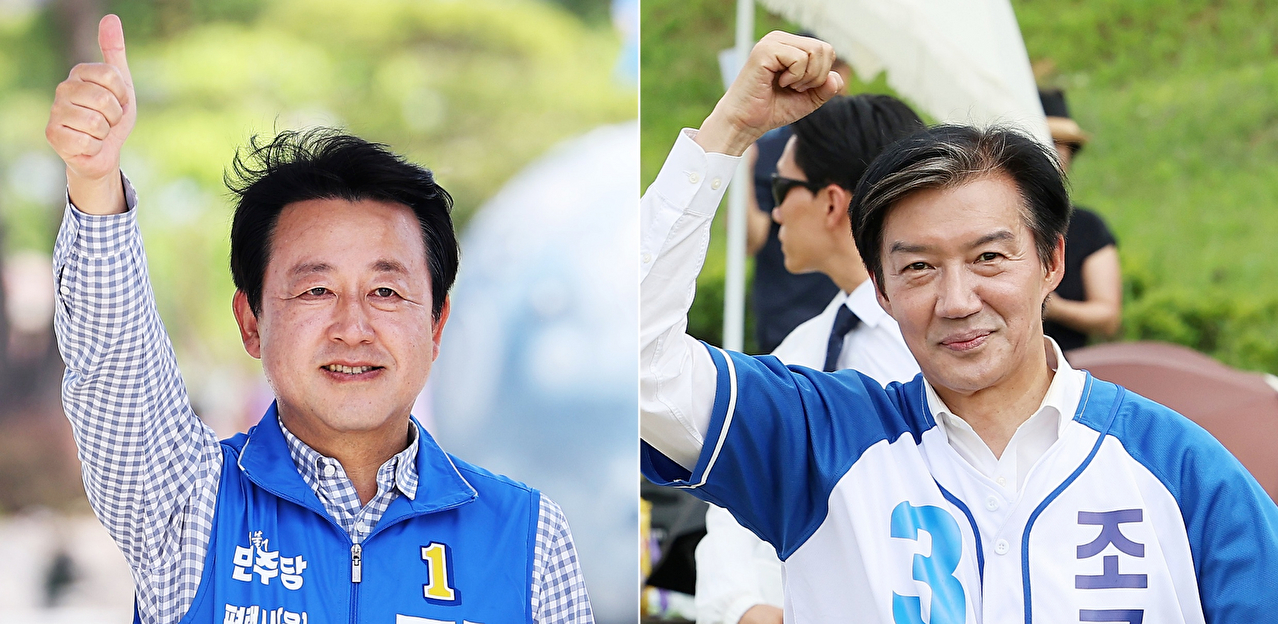 왼쪽부터 평택을 국회의원 재선거에 출마한 김용남 더불어민주당 후보, 조국 조국혁신당 후보. [사진=라창현 기자]
