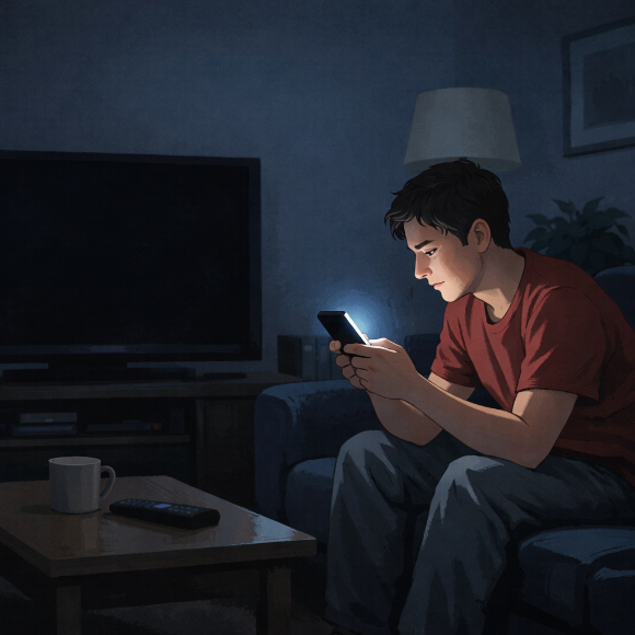 거실에 TV가 있지만, TV를 보지 않고 스마트폰만 하는 장면. [사진=챗GPT]