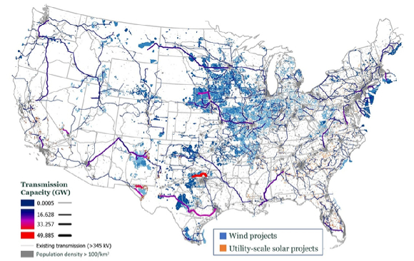 넷제로 아메리카 프로젝트의 2050년 미국 에너지 인프라 전망. 프린스턴대가 개발한 넷제로 아메리카 연구는 2050년까지 미국 전역에 3.2TW 규모의 풍력과 태양광 발전 시설 구축과 송전망 용량의 3배 확대가 필요함을 보여준다. [사진=KAIST]