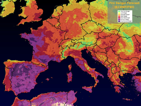 세계기상기구는 유럽지역의 화재위험예보 사진을 게재했다. 프랑스, 포르투갈, 스페인 등은 ‘심각한 위험’과 ‘매우 심각한 위험’ 단계로 파악됐다. [사진=WMO]