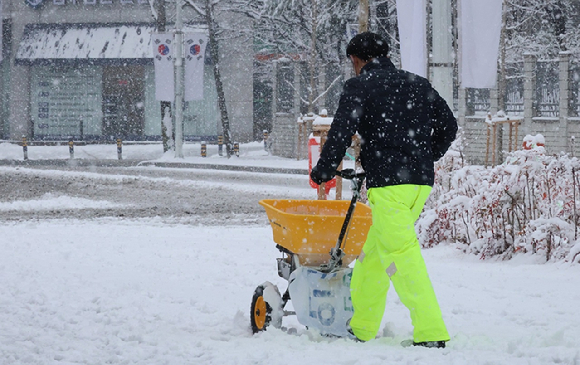 24일 오후 대전에 대설주의보가 발효된 가운데 서구 둔산동에서 한 관공서 관계자가 제설작업을 벌이고 있다. [사진=연합뉴스]