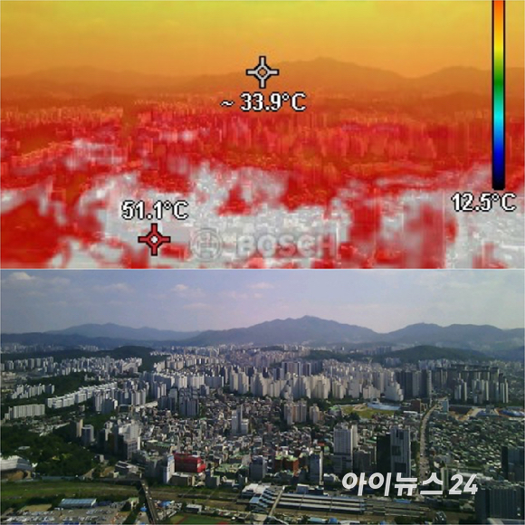 전국적으로 폭염이 이어지는 6일 서울 여의도 63빌딩에서 열화상카메라로 바라본 서울 시내 모습. 온도가 높을수록 붉은색, 낮을수록 푸른색으로 표시된다. [사진=곽영래 기자]
