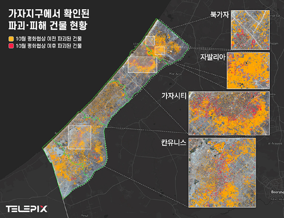 텔레픽스가 인공지능을 통해 분석한 결과 가자지구의 경우 건물 약 40%가 파괴된 것으로 파악됐다. [사진=텔레픽스]
