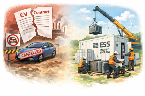 LG에너지솔루션이 전기차(EV) 관련 계약이 해지되고 있지만, 에너지 저장 정치(ESS) 관련 수주는 이어가는 모습을 챗GPT로 그린 그림. [사진=챗GPT]