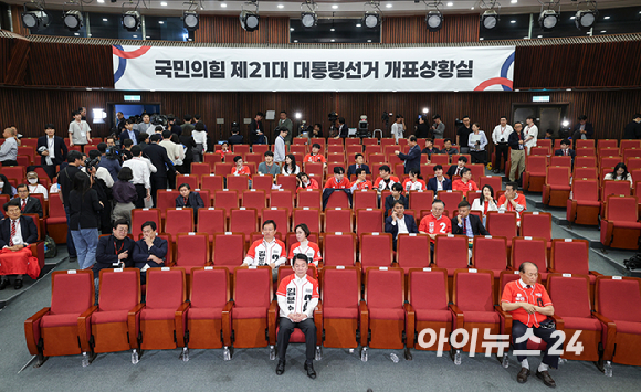 권성동 원내대표 겸 공동선대위원장과 김기현 공동선대위원장이 3일 서울 여의도 국회 도서관에 마련된 국민의힘 개표 상황실에서 제21대 대통령 선거 방송3사 출구조사 결과를 지켜보다 자리를 떠나고 있다. [사진=정소희 기자]