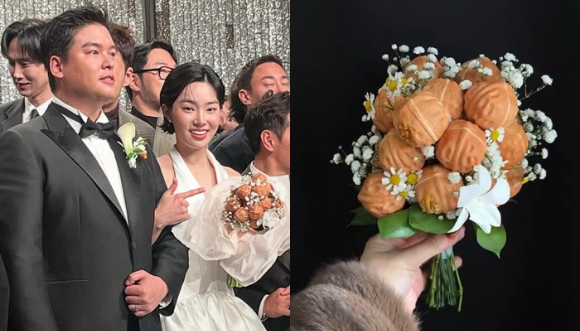 배우 조혜원이 결혼식에서 호두 부케를 들고 있다. [사진=부창제과 SNS]