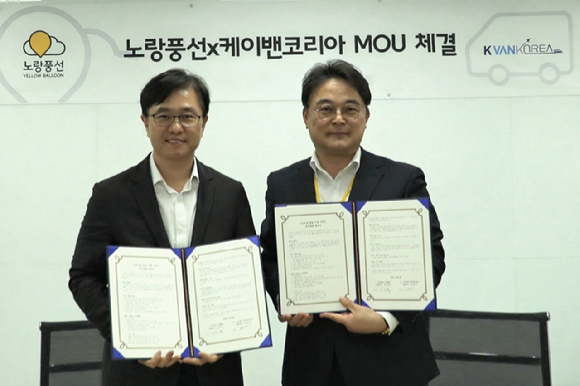 지난 6일 최명선 노랑풍선 경영총괄 수석부사장(오른쪽)과 최춘열 케이밴코리아 대표이사가 업무협약을 체결하고 기념 촬영을 하고 있다. [사진=노랑풍선]