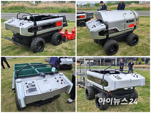 대동이 개발한 각종 농업용 로봇. 왼쪽 위부터 시계방으로 예초로봇), 방제로봇, 산업용로봇, 운반로봇. [사진=최란 기자]