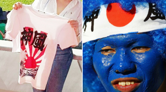 2022 카타르 월드컵에서 일본측 응원단이 가미카제 티셔츠로 응원하는 장면(왼쪽)과 지난 2010 남아공 월드컵 당시 일본측 응원단에서 가미카제 머리띠를 둘러매고 응원하는 모습. [사진=누리꾼 제보/서경덕 성신여대 교양학부 교수 연구팀]