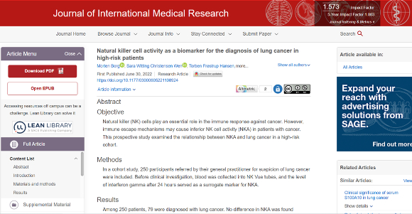 덴마크 베이에 병원(Vejle Hospital)에서 발표한 폐암 환자 대상 NK활성도 측정 대한 연구결과가 SCIE 국제 저널 Journal of International Medical Research(J Int Med Res, 국제의학연구)에 6월호에 공개됐다. [사진=엔케이맥스]