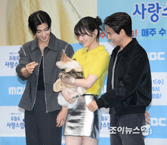 배우 차은우-박규영-이현우가 11일 오후 서울 마포구 상암동 MBC 사옥에서 열린 MBC 새 수요드라마 '오늘도 사랑스럽개' 제작발표회에 참석하고 있다. [사진=정소희 기자]