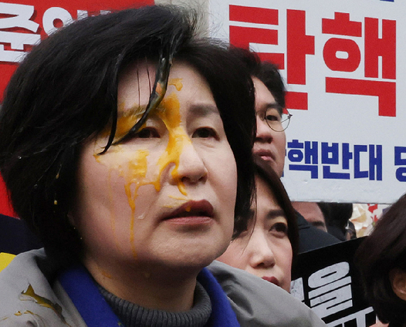 지난 3월 20일 서울 종로구 헌법재판소 앞에서 기자회견에 참가 중이던 더불어민주당 백혜련 의원이 계란을 맞은 채 발언하고 있다. [사진=연합뉴스]