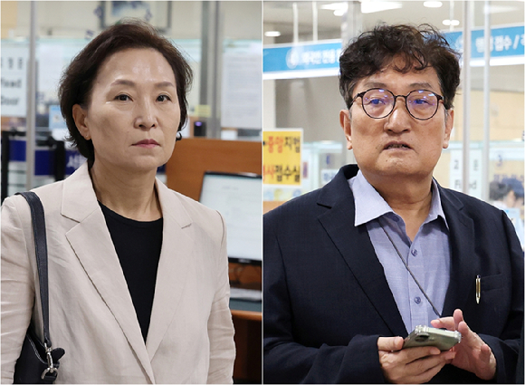 '취업 청탁 의혹'으로 기소된 김현미 전 국토부 장관(사진 왼쪽)과 노영민 전 대통령 비서실장이 13일 서울 서초구 서울중앙지법에서 열린 1심 선고 공판에 각각 출석하고 있다. 2026.8.13 [사진=연합뉴스]