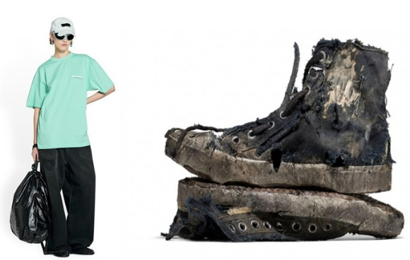 2022년 발렌시아가가 선보인 쓰레기봉투 가방(왼쪽), 더러운 신발(오른쪽) [사진=발렌시아가]