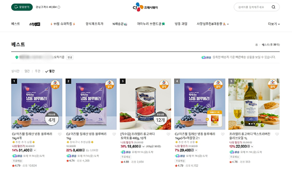 CJ프레시웨이 네이버스토어의 월간 베스트 제품 화면. [사진=구서윤 기자]