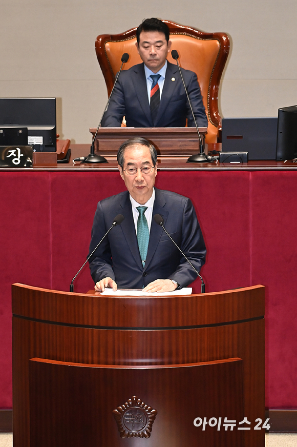 한덕수 국무총리가 7일 오전 서울 여의도 국회에서 열린 예산결산특별위원회 전체회의에서 인사말을 하고 있다. [사진=곽영래 기자]