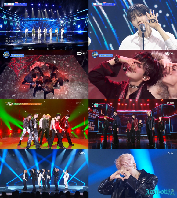 올아워즈가 음악방송에서 무대를 선보이고 있다. [사진=MBC M '쇼! 챔피언', Mnet '엠카운트다운', KBS2 '뮤직뱅크', MBC '쇼! 음악중심', SBS '인기가요' 방송 화면 캡처]