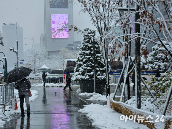 함박눈이 내린 27일 서울 광화문 광장 앞을 시민들이 지나고 있다. [사진=김다운 기자]