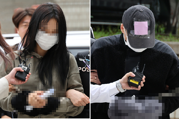 축구 국가대표팀 주장 손흥민의 아이를 임신했다고 주장하며 손씨에게 돈을 뜯어내려 한 20대 여성 양모씨(왼쪽)와 40대 남성 용모씨가 17일 영장실질심사를 받기 위해 서울중앙지법에 들어서고 있다. 2025.5.17 [사진=연합뉴스]