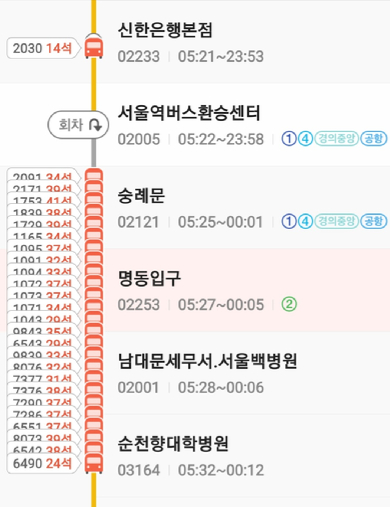 버스 정보 앱에서 명동 부근 정류소들에 9401 광역버스가 지연돼 밀려 있다. [사진=카카오버스 캡쳐]