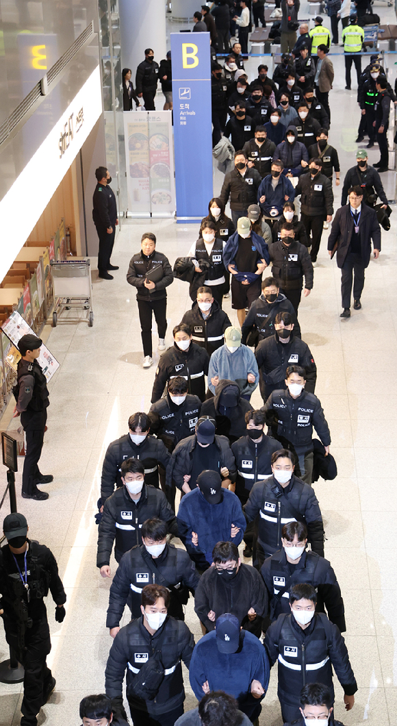 캄보디아에서 스캠(scam&middot;사기), 인질강도 등 범행을 저지른 한국인 범죄 조직원들이 23일 캄보디아 프놈펜국제공항에서 국내로 송환되고 있다. [사진=경찰청]